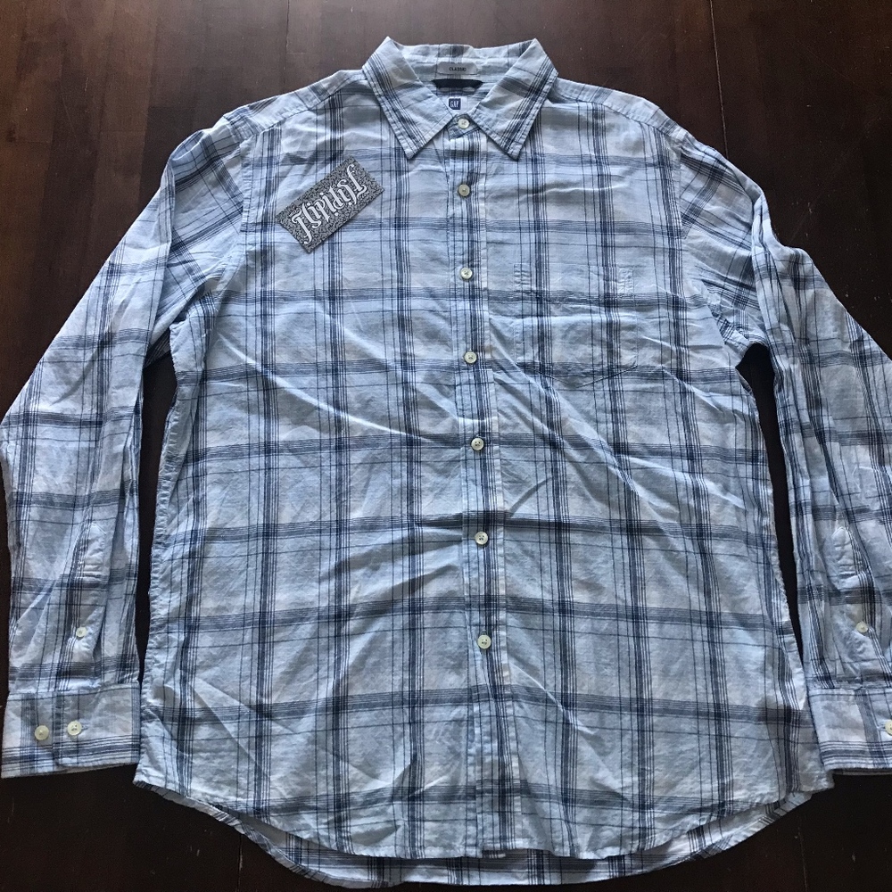 GAP BUTTON DOWN UP BLUE WHITE PLAID SHIRT CLASSIC